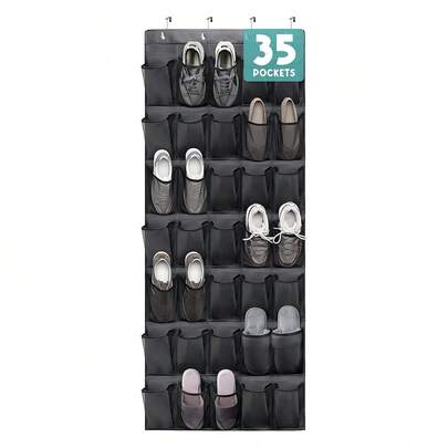 SHEIN X Milania 1pc MultiPocket 6 To 35 Pockets Oxford Mesh Over Door Shoe Organizer Sturdy Hanging Closet Storage Space Saving Shoe Rack Holder For Apartment Dorm Room Organization Holiday Season Gift Black