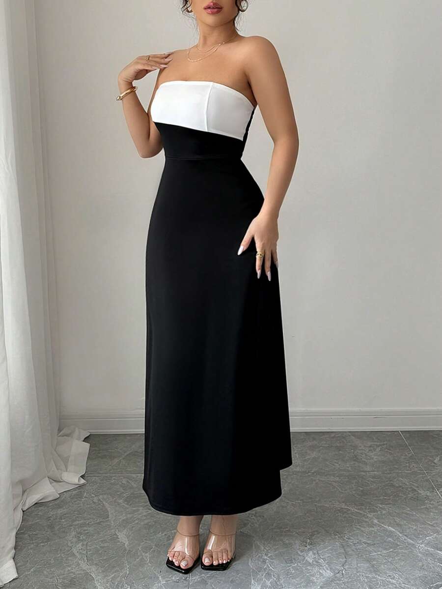 Elenzga 女士春夏优雅针织领披肩外套，黑白撞色，露肩镂空设计，A 字裙，适合约会、派对、婚礼、斋月、度假、音乐节