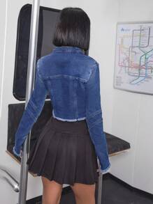 EURMUSE Áo khoác denim thường ngày dài tay tua rua có khóa kéo phía trước cho nữ - Rửa trung bình - Xem 2