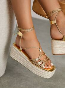 CUCCOO SZL Woman Shoes Square Toe Braided Design Strappy Thick Sole Vacation Gold Wedge Sandals For Summer Vacation Shoes Party Baddie Fashionable Chic Gorgeous Style Christmas Disco Party Night Out Fall New Year Holiday Valentines Valentine Day