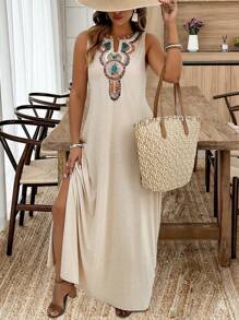 SHEIN Clasi Plus Size Feminino Casual Decote Em V Retro Estampa Sem Mangas Vestido Com Fenda Lateral, Verão - Damasco - Ver 5