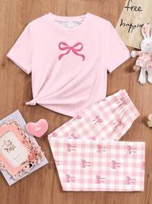 SHEIN Leap Crew Tween Girls Casual Check Bow Pattern Loose Round Neck Short Sleeve T-Shirt And Wide Leg Pants Homewear Set, Suitable For Summer - Multicolor - View 5