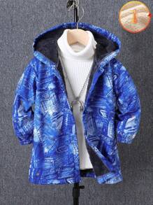 SHEIN Young Boy Denim Effect Fuzzy Lined Hooded Coat Without Sweater - Multicolor - View 1
