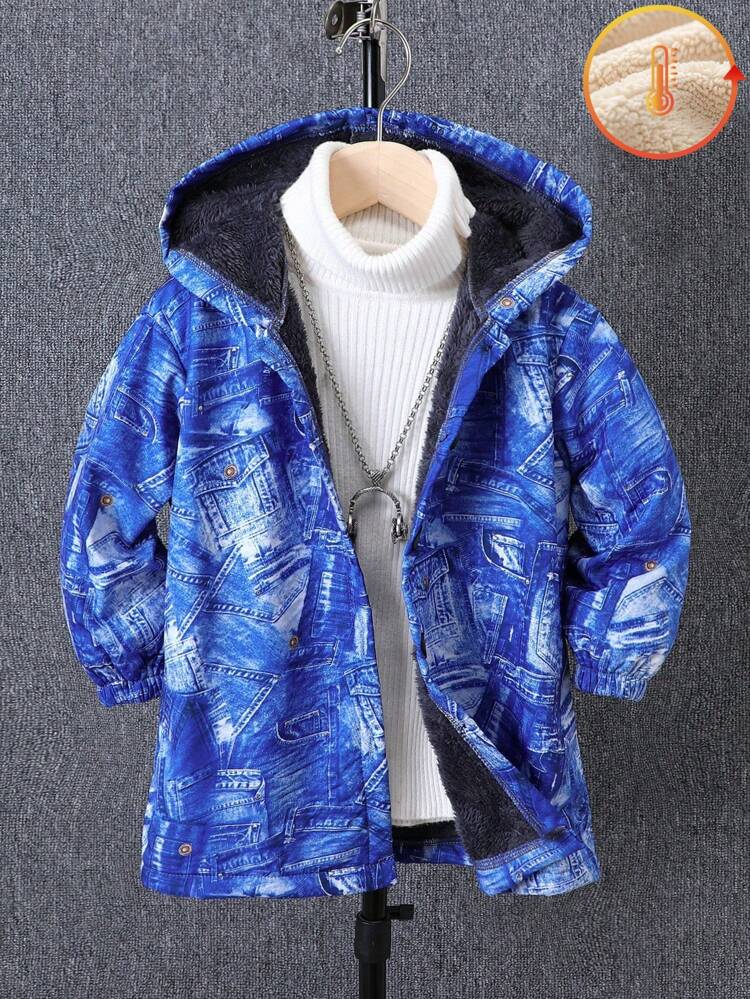 Young Boy Denim Effect Fuzzy Lined Hooded Coat Without Sweater