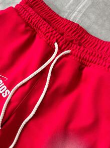 Men's Loose Letter Print Drawstring Waist Straight Leg Pants - Red - View 5