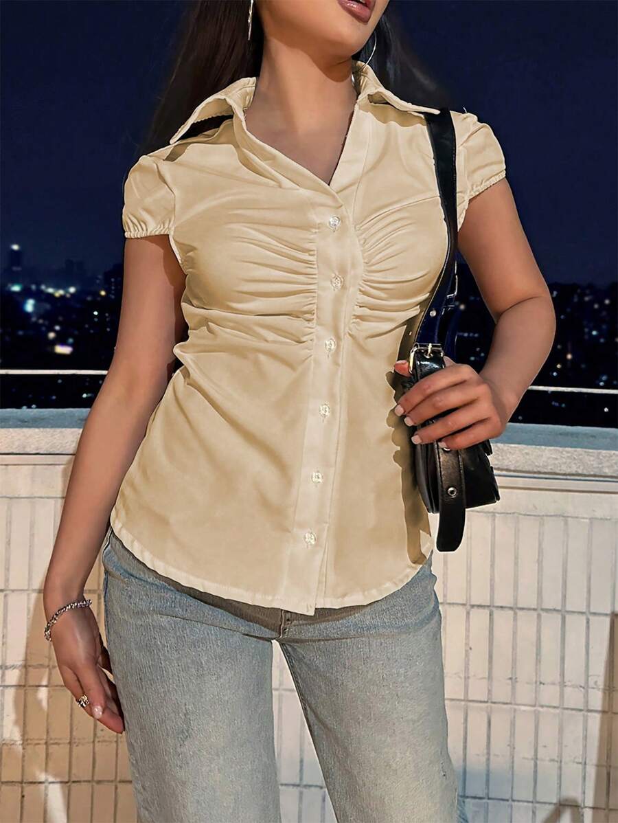 Flirla Camisa de manga corta con pliegues de unicolor casual de verano - Caqui - Ver 1