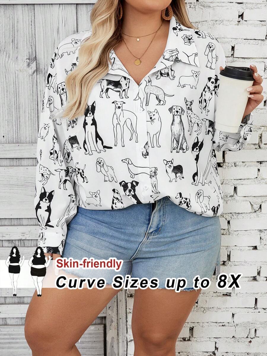 SHEIN CURVE+ Áo sơ mi cổ bẻ in họa tiết động vật dài tay cỡ lớn cho nữ - Đen và trắng - Xem 1