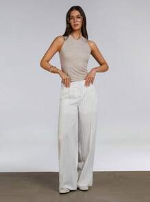 Athîral 女士条纹口袋阔腿宽松休闲百搭长裤 - 米色 - 查看 3