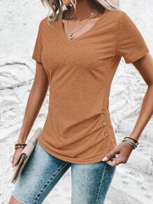SHEIN Clasi Maglietta casual da donna con scollo a V, maniche corte, con design arricciato con bottoni sui lati