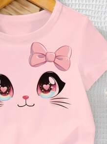 Baby Girl Cute Cat Head Print Round Neck Short Sleeve T-Shirt, Kawaii Style Suitable For Summer, Anime Elements - White - View 3