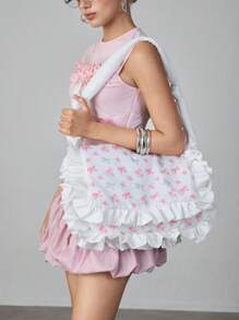 ROMWE Kawaii 1 pieza Bolso de mano con decoración de lazo y volantes en color rosa, de gran capacidad, adecuado para el día de San Valentín y citas