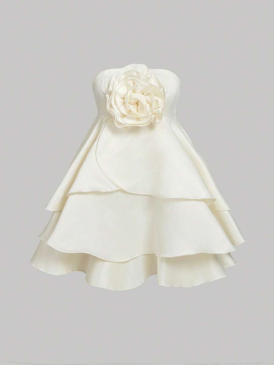 SHEIN MOD 杏色 3D 花卉露肩连衣裙,多层设计,优雅,适合约会、聚会、度假、茶会、生日、女士夏季服装、复活节服装、女士沙滩服装、女士度假服装、春季、女士音乐会服装、狂欢服装、女士巡航服装、女士西装。Y2k 服装。女士毕业礼服、婴儿送礼会礼服、女士节日服装 - 杏色 - 查看 1