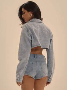 MUSERA Extreme Cropped Textured Denim Jacket,Light Blue,Autumn,Streetwear,Concert Spring Summer Y2k Ibiza Western Nashville Chic Night Out - Blue - View 4