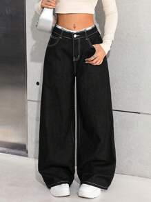 SHEIN Teen Girl Navy Blue Loose Wide-Leg Jeans - Black - View 3