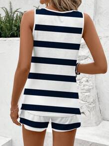 EMERY ROSE Women Casual Striped Pattern Sleeveless Round Neck Tank Top With Short Sleeve 2 Pieces Set, Suitable For Summer,Summer Sets Suitable For Going Out - Multicolor - View 2