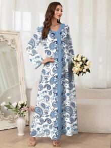 Al Najma 女士优雅佩斯利印花宽松中长连衣裙 - 卡其色 - 查看 5