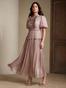 Anewsta 女式长款褶皱设计连衣裙，优雅百搭夏装，适合夏季、优雅、节日、假日、优雅 - 中紫紅色 - 查看 3