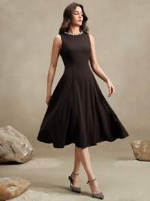 Anewsta Vestido elegante estilo francés sin mangas con cintura entallada y línea A, con cuello decorado con perlas, adecuado para ocasiones formales, primavera/verano