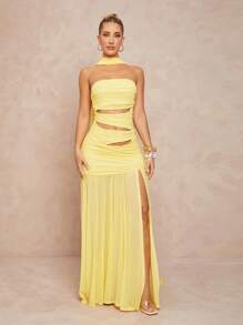 Lumalex Frühlingsausflug Fee Elegant Sommerurlaub Ostern Bohemian BOHO Meer Strand Heiß Draußen Reich Geschichtet Hochzeitssaison Bankett Coming-of-Age Zeremonie Strand Meer Trägerlos Ausgehöhlt Hoch Geschlitztes Kleid Für Damen, Buttergelb - Gelb - Übersicht 5