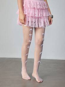 ROMWE Kawaii 1 Pair Sexy Sheer White Hollow Out Multi-Bow Fishnet Stockings, Cute & Seductive, Thin Elastic See-Through Tights