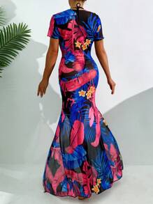 SHEIN Swim Summer Tropical Print Drawstring Slit Cover-Up Dress - Hot Pink - View 2