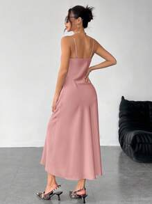 SHEIN PETITE Solid Color Swing Collar Long Satin Satin Suspender Dress Suitable For Dates,Summer Dresses For Women