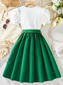 SHEIN Tween Girls Floral Print Puff Sleeve Tied Waist Elegant Dress - Green - View 2