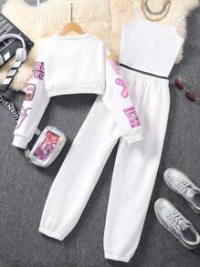 3 件套 Tween 女童厚白色运动衫、吊带背心和休闲裤，秋冬装 - 白色 - 查看 2