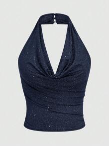 Sweetra Blusa con cuello drapeado y lentejuelas para mujer de talla grande - Azul Marino - Ver 1