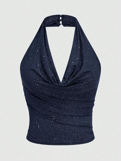 Sweetra Plus Size Women Sequined Draped Neck Draped Neck Top