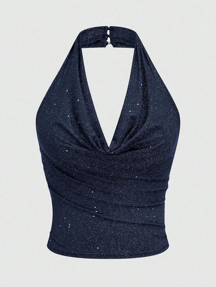 Sweetra Blusa con cuello drapeado y lentejuelas para mujer de talla grande - Azul Marino - Ver 1
