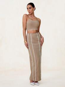 Glamine 简约风格蕾丝拼布吊带背心 + 蕾丝装饰长款超长裙，适合度假休闲装两件套裙两件套女裙女式2件套裙两件套女裙 - 卡其色 - 查看 1