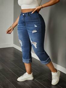 SHEIN Plus Size Frayed Hem Versatile 7/8 Length Straight Leg Jeans    Women Autumn Outfits Women Jeans High Waisted