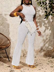 Slaydiva Bohemian Fringe Hem Tank Top & Flare Leg Pants Women Summer Beach Casual Set - B - White - View 4