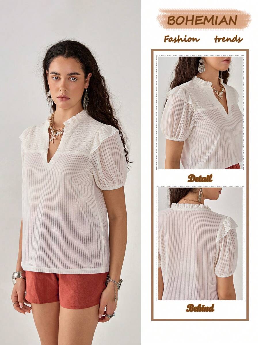 Florisole 女士 V 领镂空纹理盖袖度假 T 恤，休闲 - 杏色 - 查看 1