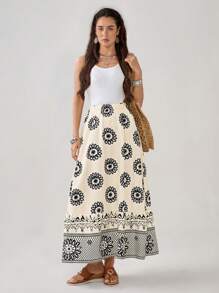 Florisole Women's Vintage Totem Pattern Printed Elastic Waist A-Line Skirt, Summer Fall Cloth For Women - Apricot - View 5