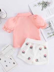 SHEIN Baby Girl Elegant Sweet Shirt And Floral Embroidery Shorts Set, Summer - Pink - View 2