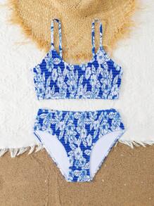 2pcs/Set Teen Girls Blue Floral Print Bikini Swimsuit Set - Blue and White - View 5