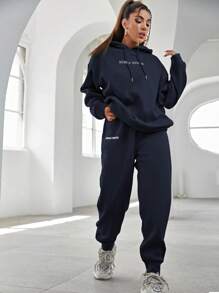 Cotton Slogan Graphic Drop Shoulder Drawstring Hoodie & Sweatpants - Navy Blue - View 4