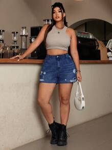 SHEIN EZwear 大码女式口袋破洞休闲百搭牛仔短裤 - 中等水洗藍 - 查看 5