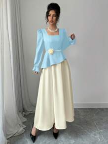 SHEIN Unity 优雅撞色拼布 3D 花卉装饰长袖连衣裙 - 藍色 - 查看 4