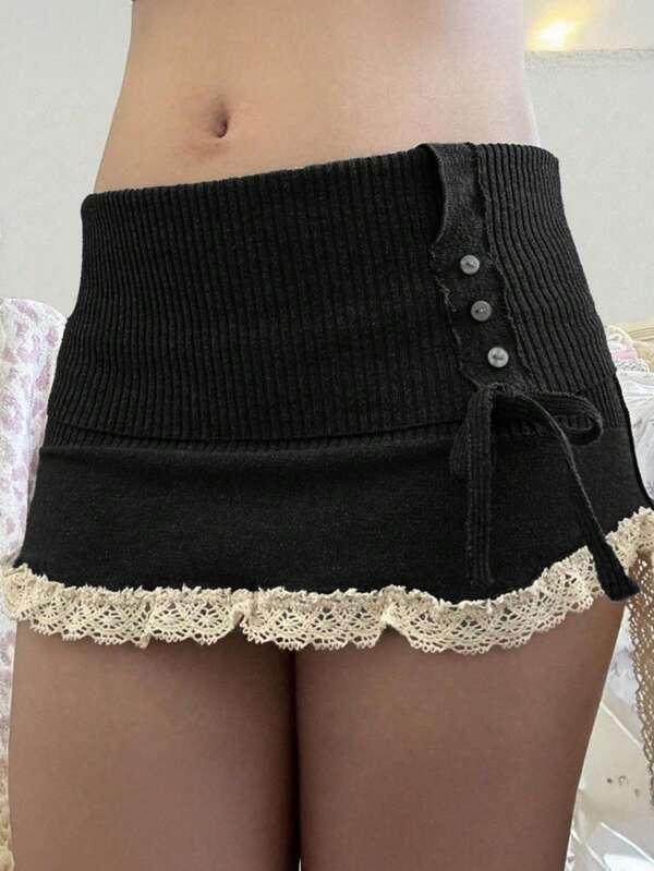 Falda de punto en línea A con ribete de encaje para mujeres, de estilo minimalista, adecuada para el verano