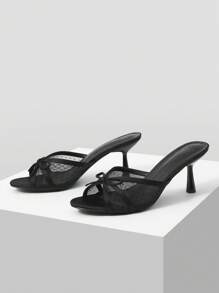 MOTF PREMIUM ROUND TOE MESH BOW DECOR HIGH HEEL SANDALS FOR CHRISTMAS SPRING SHOES SUMMER SHOES - Black - View 4
