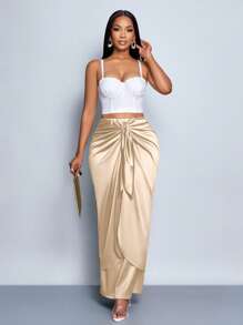 SOLERSUN Women's Elegant Simple Romantic Tie Front Satin Maxi Skirt,Versatile For Date, Commuting, Office