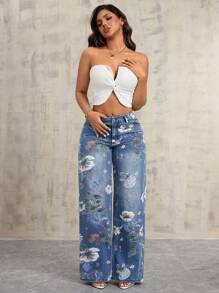 Women's Floral Print Pocket Straight Leg Casual Jeans - Blue - View 4