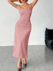 SHEIN PETITE Solid Color Swing Collar Long Satin Satin Suspender Dress Suitable For Dates,Summer Dresses For Women
