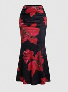 SHEIN Tall Women's Floral Print Bodycon Fishtail Skirt, Spring/Summer - Black - View 1