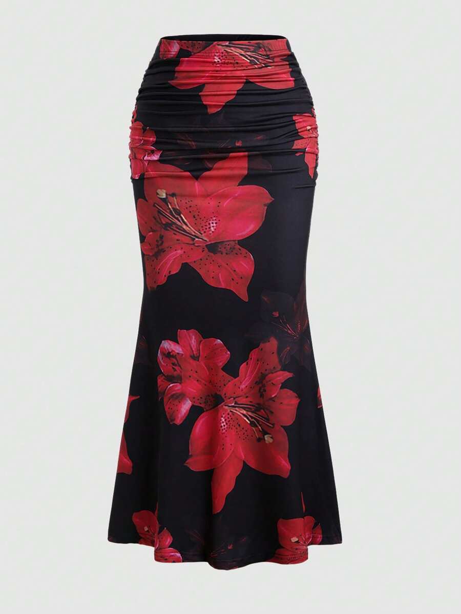 SHEIN Tall Women's Floral Print Bodycon Fishtail Skirt, Spring/Summer - Black - View 1