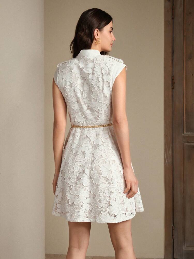 Women's Elegant Bow Collar Lace Embroidery Semi-Sheer Cinched Waist Waist Short Dress, Suitable For Festival, Going Out, Vacation, Spring/Summer, Elegant, Sexy, All White