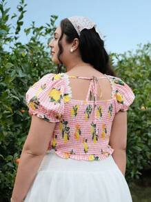 SHEIN MOD قميص بأكمام منتفخة بطباعة عتيقة مقاس كبير، مناسب للمواعيد والكاجوال وارتداء في الأعياد، موسم الربيع والصيف - متعدد الألوان - مشاهدة 2